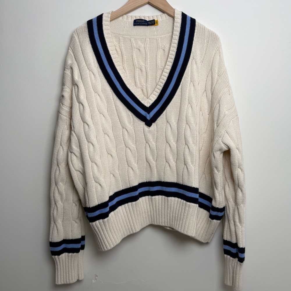 Polo Ralph Lauren Women’s Cropped Cable Knit V-Neck Sweater Cream Navy Blue